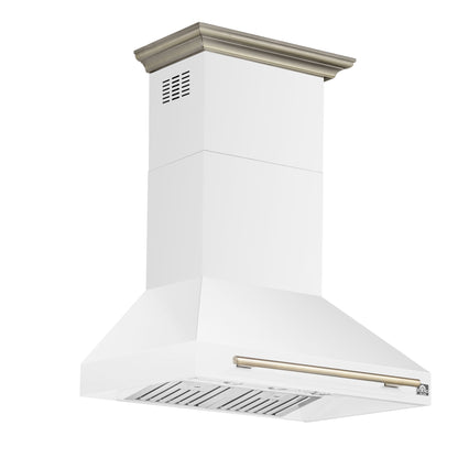 FORNO Aria 36" 1200 CFM Convertible Wall Mount Range Hood with White Hood and Antique Brass Accents, FRHWM5095-36WHT