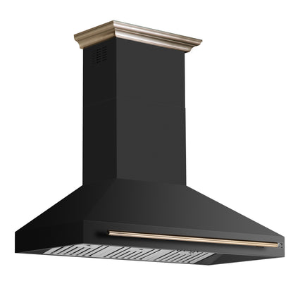 FORNO Aria 48" 1200 CFM Convertible Wall Mount Range Hood with Black Hood and Antique Brass Accents, FRHWM5095-48BLK
