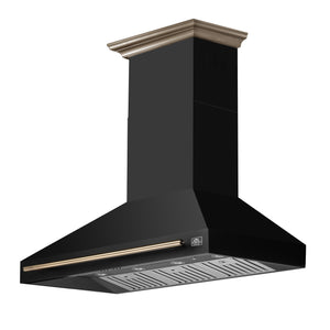 FORNO Aria 48" 1200 CFM Convertible Wall Mount Range Hood with Black Hood and Antique Brass Accents, FRHWM5095-48BLK