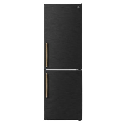FORNO Custodia 23.4" 10.3 cu. ft. Right Swing Refrigerator with Bottom Freezer in Black with Antique Brass Accents, FFFFD1766-24BLK-RS