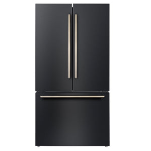FORNO Rivello 36" French Door Standard Depth Refrigerator with Water and Ice Dispenser in Black with Antique Brass Accents, FFFFD1783-36BLK