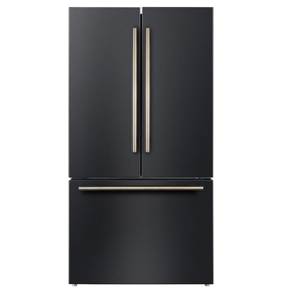 FORNO Rivello 36" French Door Standard Depth Refrigerator with Water and Ice Dispenser in Black with Antique Brass Accents, FFFFD1783-36BLK