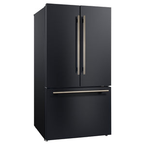 FORNO Rivello 36" French Door Standard Depth Refrigerator with Water and Ice Dispenser in Black with Antique Brass Accents, FFFFD1783-36BLK