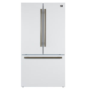 FORNO Rivello 36" French Door Standard Depth Refrigerator with Water and Ice Dispenser in White with Antique Brass Accents, FFFFD1783-36WHT