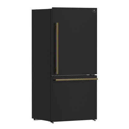 FORNO Espresso Milano 31" 17.2 cu. ft. Right Swing Refrigerator and Bottom Freezer in Black with Antique Brass Handles, FFFFD1785-31BLK