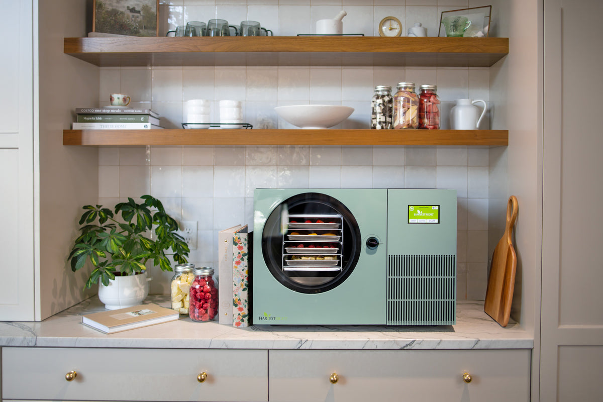 Harvest Right Countertop 360 sage green freeze dryer in a kitchen
