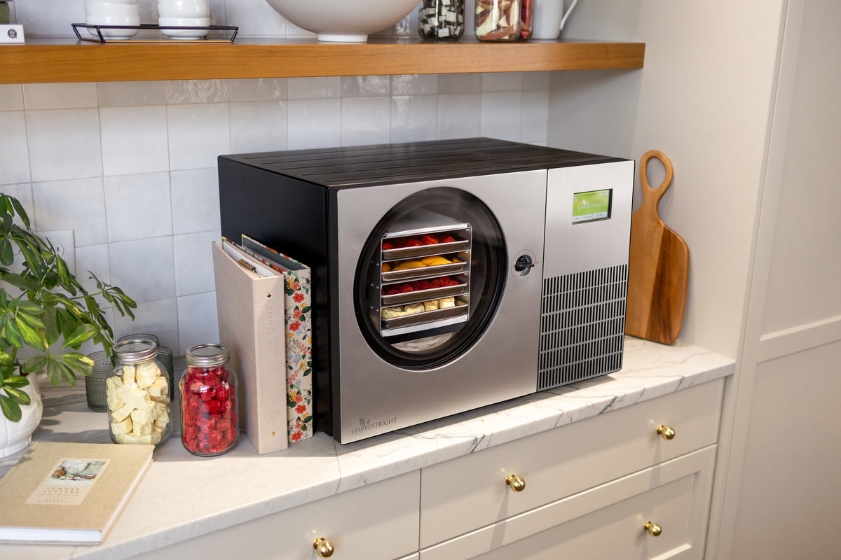 Harvest Right Countertop 360 stainless steel freeze dryer in a kitchen