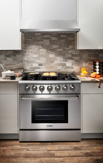 Thor Contemporary Package - 36" Electric Range, Range Hood, Refrigerator, Dishwasher, Microwave and Wine Cooler, Thor-AP-ARE36-C146