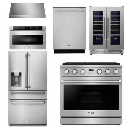 THOR Contemporary Package - 36" Gas Range, Range Hood, Refrigerator, Dishwasher, Microwave and Wine Cooler, THOR-AP-ARG36-A142
