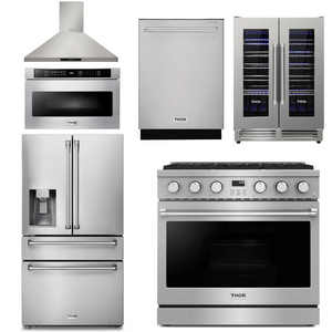 THOR Contemporary Package - 36" Gas Range, Range Hood, Refrigerator, Dishwasher, Microwave and Wine Cooler, THOR-AP-ARG36-A142