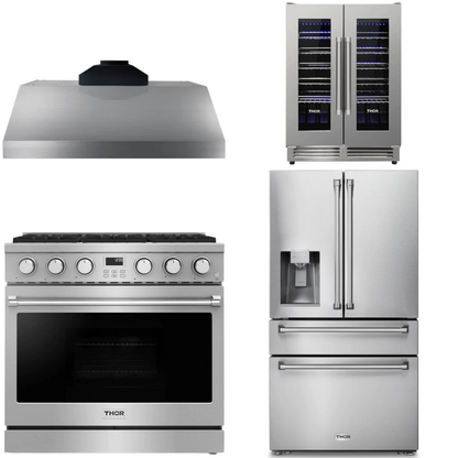 THOR Contemporary Package - 36" Gas Range, Range Hood, Refrigerator and Wine Cooler, THOR-AP-ARG36-A71