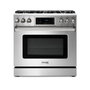 THOR Kitchen Package - 36" Air Fry Gas Range, Wall Mount Range Hood, 36" French Door Refrigerator with Ice Maker & Water Dispenser, Dishwasher, AP-TRG3601-FD