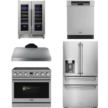 THOR Contemporary Package - 36" Electric Range, Range Hood, Refrigerator, Dishwasher and Wine Cooler, THOR-AP-ARE36-C105