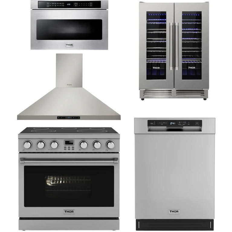 Thor Contemporary Package - 36" Electric Range, Range Hood, Dishwasher, Microwave and Wine Cooler, Thor-AP-ARE36-C107