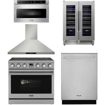 THOR Contemporary Package - 36" Electric Range, Range Hood, Dishwasher, Microwave and Wine Cooler, THOR-AP-ARE36-C109