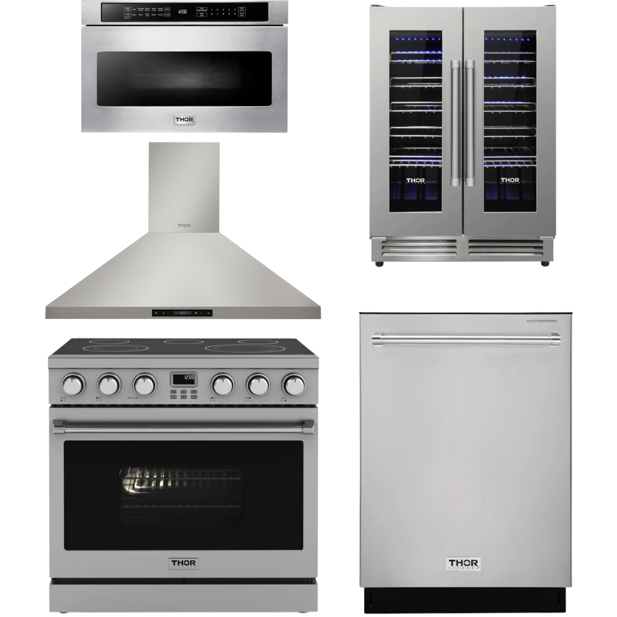 Thor Contemporary Package - 36" Electric Range, Range Hood, Dishwasher, Microwave and Wine Cooler, Thor-AP-ARE36-C109