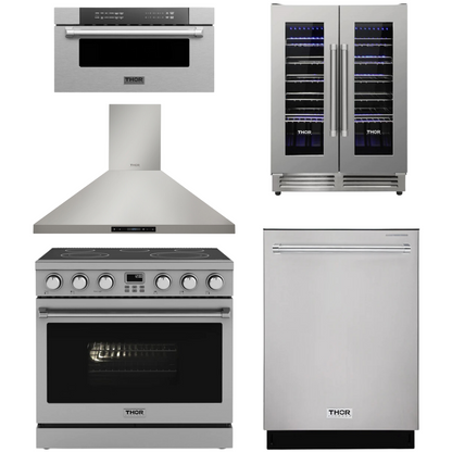 THOR Contemporary Package - 36" Electric Range, Range Hood, Dishwasher, Microwave and Wine Cooler, THOR-AP-ARE36-C110