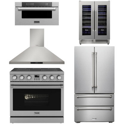 THOR Contemporary Package - 36" Electric Range, Range Hood, Refrigerator, Microwave and Wine Cooler, THOR-AP-ARE36-C116