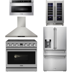 THOR Contemporary Package - 36" Electric Range, Range Hood, Refrigerator, Microwave and Wine Cooler, THOR-AP-ARE36-C117