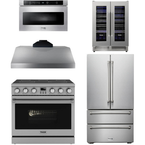 THOR Contemporary Package - 36" Electric Range, Range Hood, Refrigerator, Microwave and Wine Cooler, THOR-AP-ARE36-C119