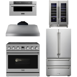 THOR Contemporary Package - 36" Electric Range, Range Hood, Refrigerator, Microwave and Wine Cooler, THOR-AP-ARE36-C120