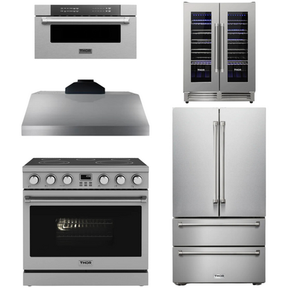 THOR Contemporary Package - 36" Electric Range, Range Hood, Refrigerator, Microwave and Wine Cooler, THOR-AP-ARE36-C120