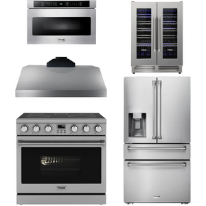 THOR Contemporary Package - 36" Electric Range, Range Hood, Refrigerator, Microwave and Wine Cooler, THOR-AP-ARE36-C121