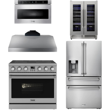 THOR Contemporary Package - 36" Electric Range, Range Hood, Refrigerator, Microwave and Wine Cooler, THOR-AP-ARE36-C121