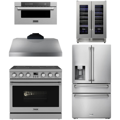 THOR Contemporary Package - 36" Electric Range, Range Hood, Refrigerator, Microwave and Wine Cooler, THOR-AP-ARE36-C122