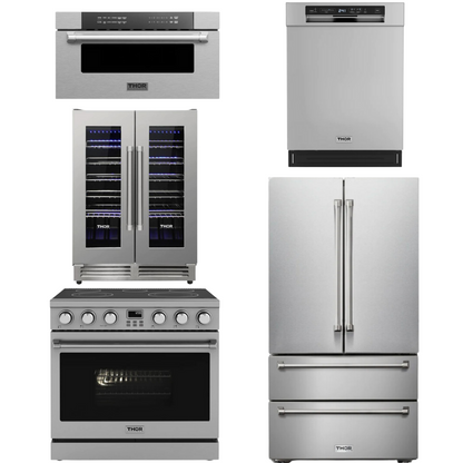 THOR Contemporary Package - 36" Electric Range, Refrigerator, Dishwasher, Microwave and Wine Cooler, THOR-AP-ARE36-C124