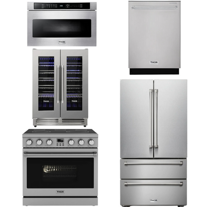 THOR Contemporary Package - 36" Electric Range, Refrigerator, Dishwasher, Microwave and Wine Cooler, THOR-AP-ARE36-C125