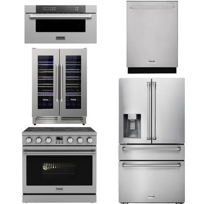 THOR Contemporary Package - 36" Electric Range, Refrigerator, Dishwasher, Microwave and Wine Cooler, THOR-AP-ARE36-C130
