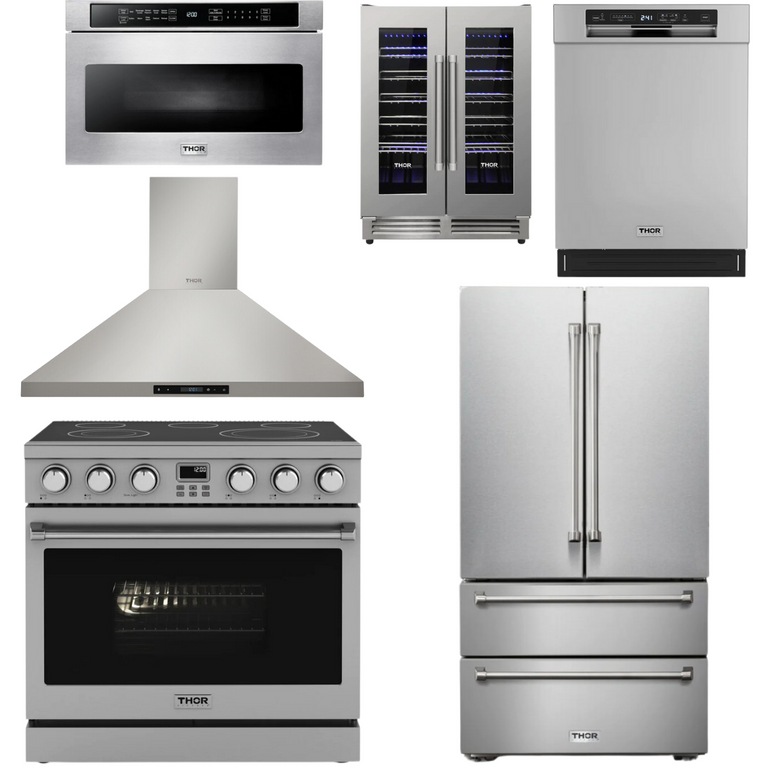 Thor Contemporary Package - 36" Electric Range, Range Hood, Refrigerator, Dishwasher, Microwave and Wine Cooler, Thor-AP-ARE36-C131