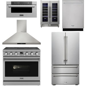 THOR Contemporary Package - 36" Electric Range, Range Hood, Refrigerator, Dishwasher, Microwave and Wine Cooler, THOR-AP-ARE36-C134