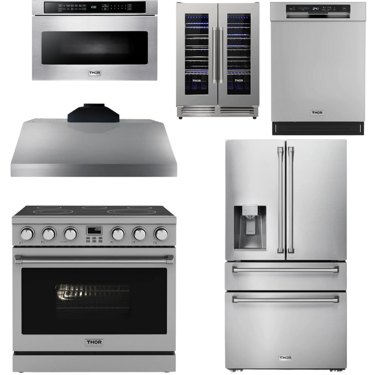 Thor Contemporary Package - 36" Electric Range, Range Hood, Refrigerator, Dishwasher, Microwave and Wine Cooler, Thor-AP-ARE36-C143