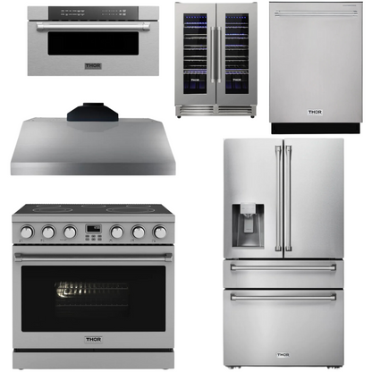 THOR Contemporary Package - 36" Electric Range, Range Hood, Refrigerator, Dishwasher, Microwave and Wine Cooler, THOR-AP-ARE36-C146