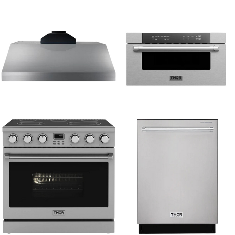 Thor Contemporary Package - 36" Electric Range, Range Hood, Dishwasher and Microwave, Thor-AP-ARE36-C55