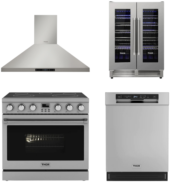Thor Contemporary Package - 36" Electric Range, Range Hood, Dishwasher and Wine Cooler, Thor-AP-ARE36-C56