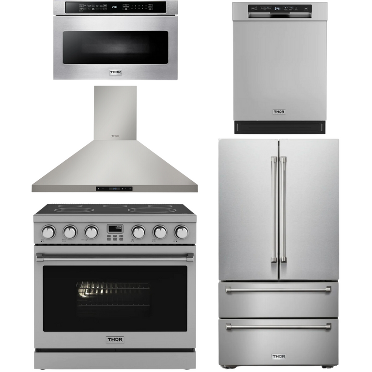 Thor Contemporary Package - 36" Electric Range, Range Hood, Refrigerator, Dishwasher and Microwave, Thor-AP-ARE36-C83