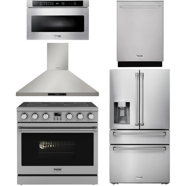 Thor Contemporary Package - 36" Electric Range, Range Hood, Refrigerator, Dishwasher and Microwave, Thor-AP-ARE36-C89