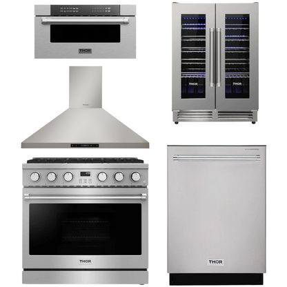 THOR Contemporary Package - 36" Gas Range, Range Hood, Dishwasher, Microwave and Wine Cooler, THOR-AP-ARG36-A110