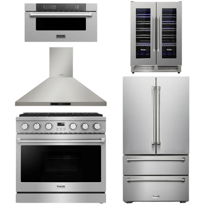 THOR Contemporary Package - 36" Gas Range, Range Hood, Refrigerator, Microwave and Wine Cooler, THOR-AP-ARG36-A116