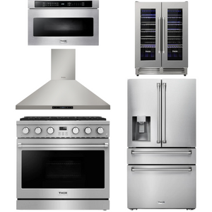 THOR Contemporary Package - 36" Gas Range, Range Hood, Refrigerator, Microwave and Wine Cooler, THOR-AP-ARG36-A117