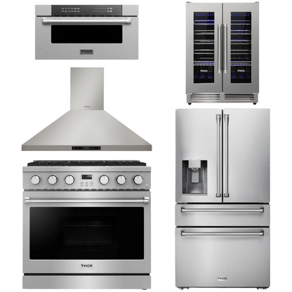 THOR Contemporary Package - 36" Gas Range, Range Hood, Refrigerator, Microwave and Wine Cooler, THOR-AP-ARG36-A118