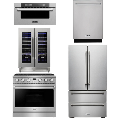 THOR Contemporary Package - 36" Gas Range, Refrigerator, Dishwasher, Microwave and Wine Cooler, THOR-AP-ARG36-A126