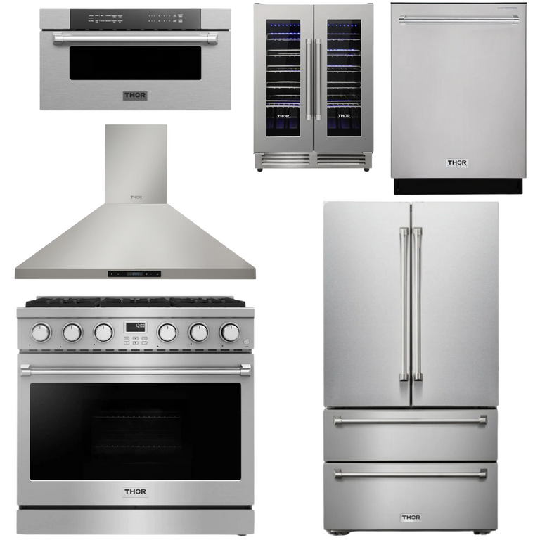 Thor Contemporary Package - 36" Gas Range, Range Hood, Refrigerator, Dishwasher, Microwave and Wine Cooler, Thor-AP-ARG36-A134