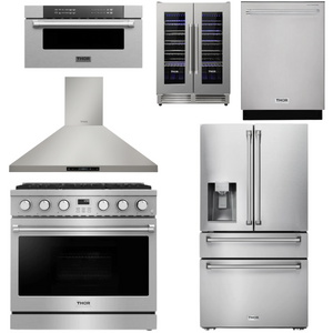 THOR Contemporary Package - 36" Gas Range, Range Hood, Refrigerator, Dishwasher, Microwave and Wine Cooler, THOR-AP-ARG36-A138