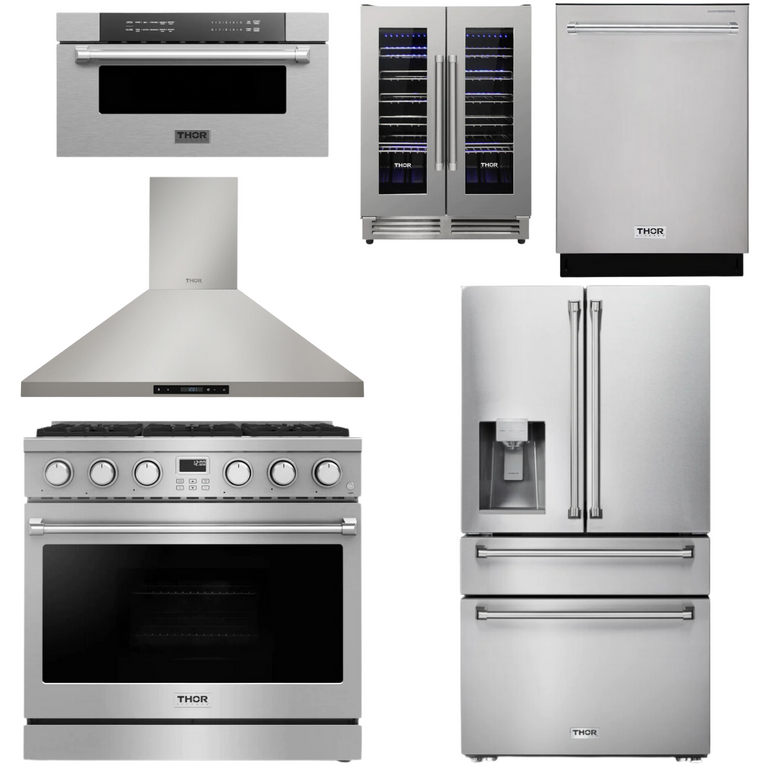 Thor Contemporary Package - 36" Gas Range, Range Hood, Refrigerator, Dishwasher, Microwave and Wine Cooler, Thor-AP-ARG36-A138