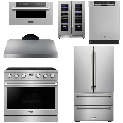 THOR Contemporary Package - 36" Gas Range, Range Hood, Refrigerator, Dishwasher, Microwave and Wine Cooler, THOR-AP-ARG36-A140