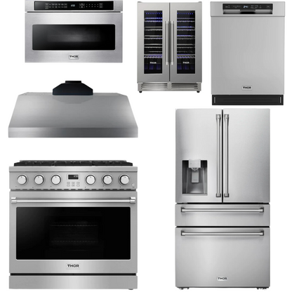 THOR Contemporary Package - 36" Gas Range, Range Hood, Refrigerator, Dishwasher, Microwave and Wine Cooler, THOR-AP-ARG36-A143